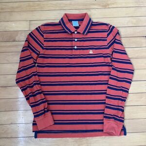 Brooks Brothers Mens Small Slim Fit Long Sleeve Striped Polo Shirt Coral Navy